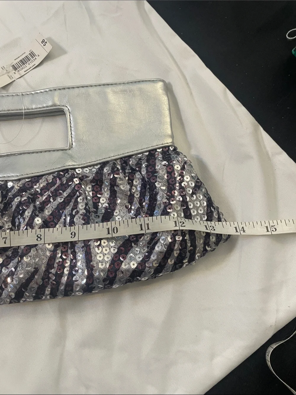 Sequin Zebra-Print Wristlet Clutch in Silver